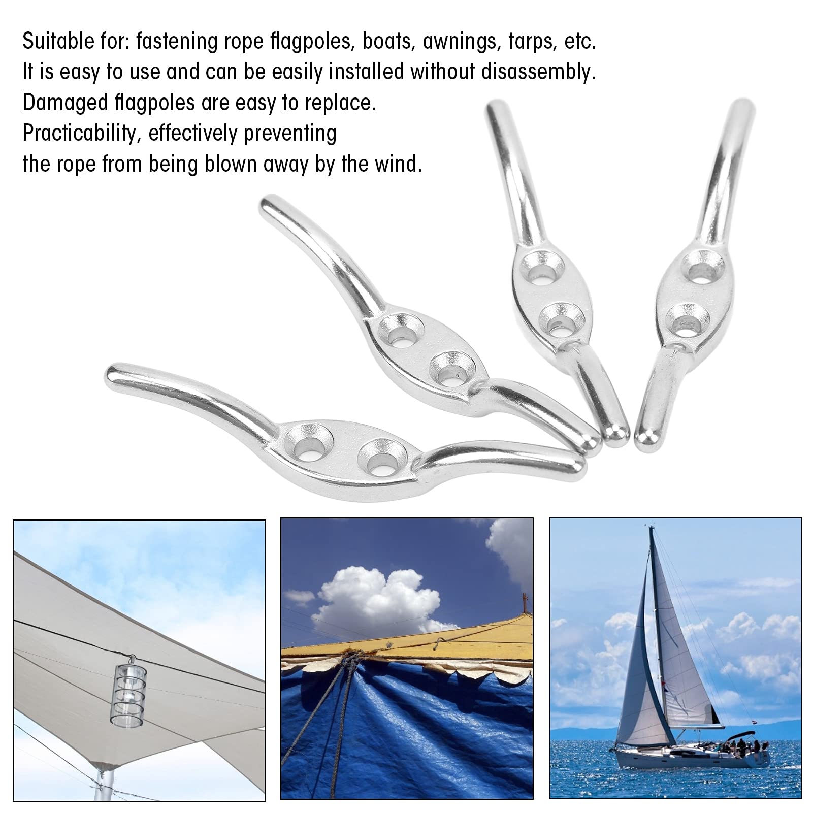 equlup 4 Pcs 2.6in Stainless Steel Boat Rope Cleats Hook Flagpole Rope Cleats with 8 Mounting Screw for Flagpole Small Boats