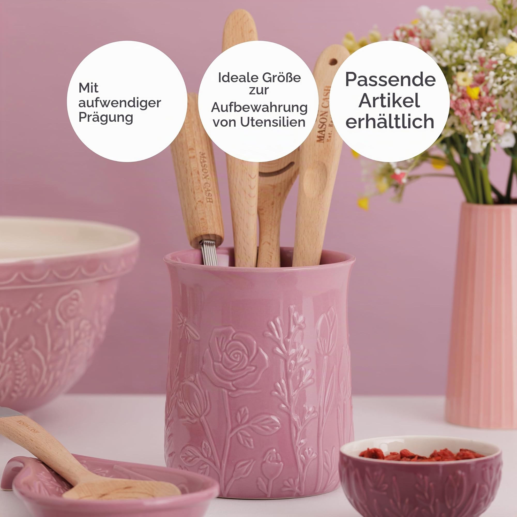 Mason Cash In the Meadow Utensilienhalter, 1,3 l, geprägtes Blumendesign, langlebiges Steingut, ideal für die Aufbewahrung von Küchenutensilien und Gadgets, klassische Küchenaufbewahrung (H15 x Ø 12,5