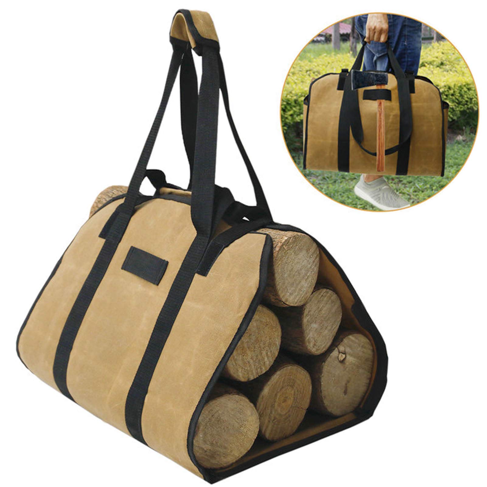 Borsa porta legna da ardere in tela impermeabile di grande capacità a doppio scopo color kaki per il campeggio