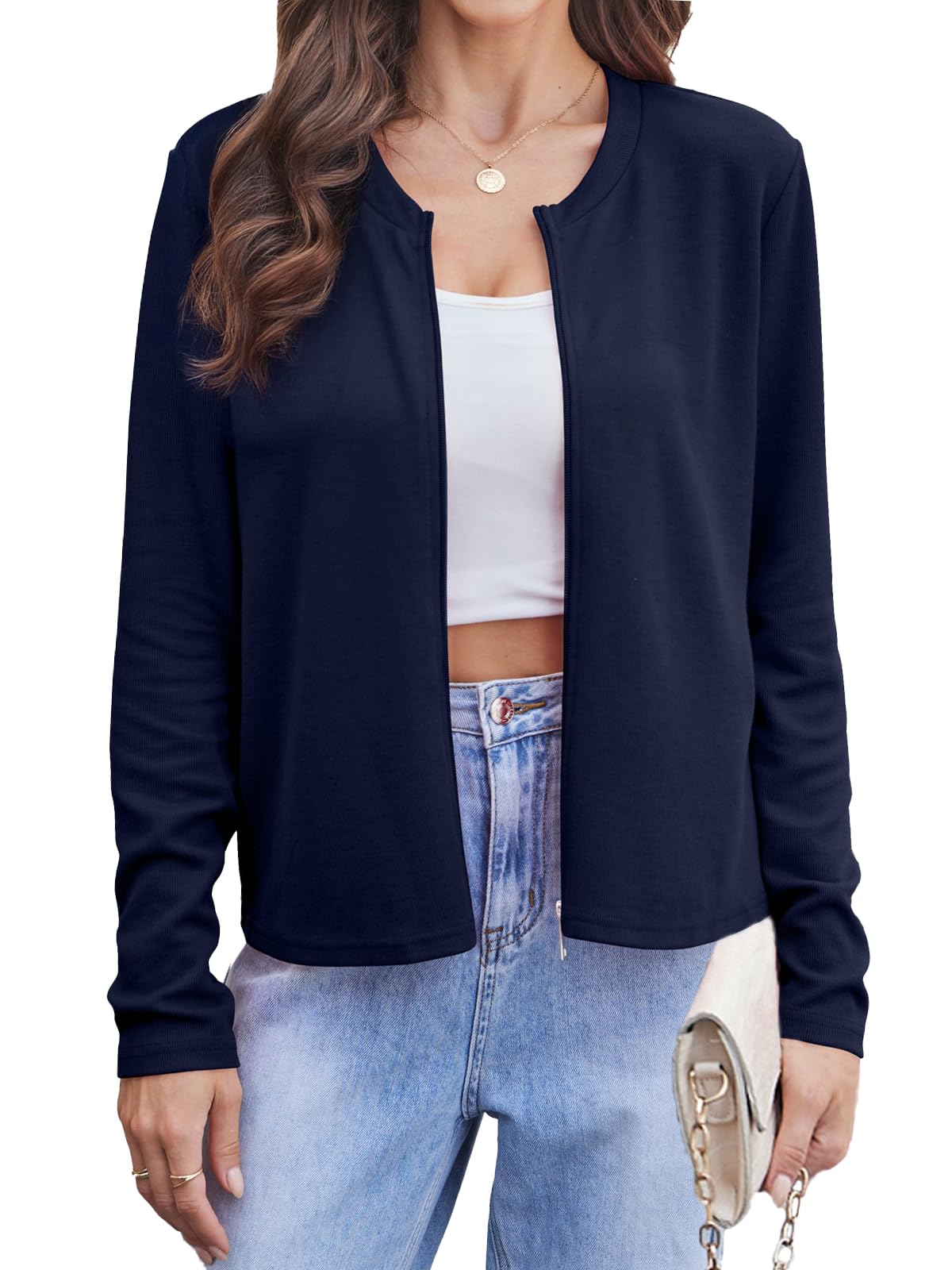 Yekaty Womens Zip Up Cropped Cardigan Sweater Long Sleeve Lightweight Casual Open Front Knitted Jacket