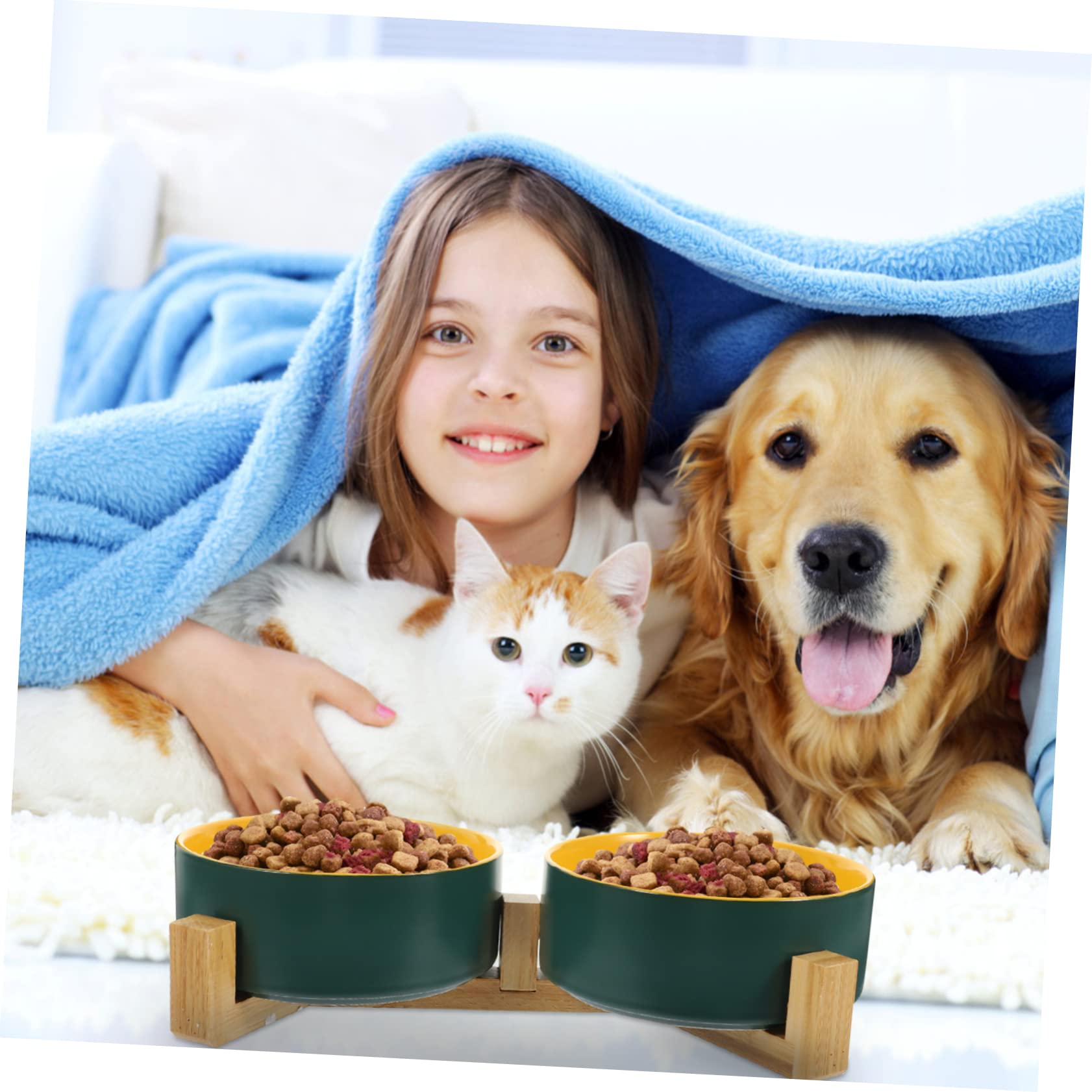 ibasenice Gamelle Double avec Support en Bois Surélevé, Facile à Laver en Céramique pour Chat pour Nourriture et Eau en Toute Occasion