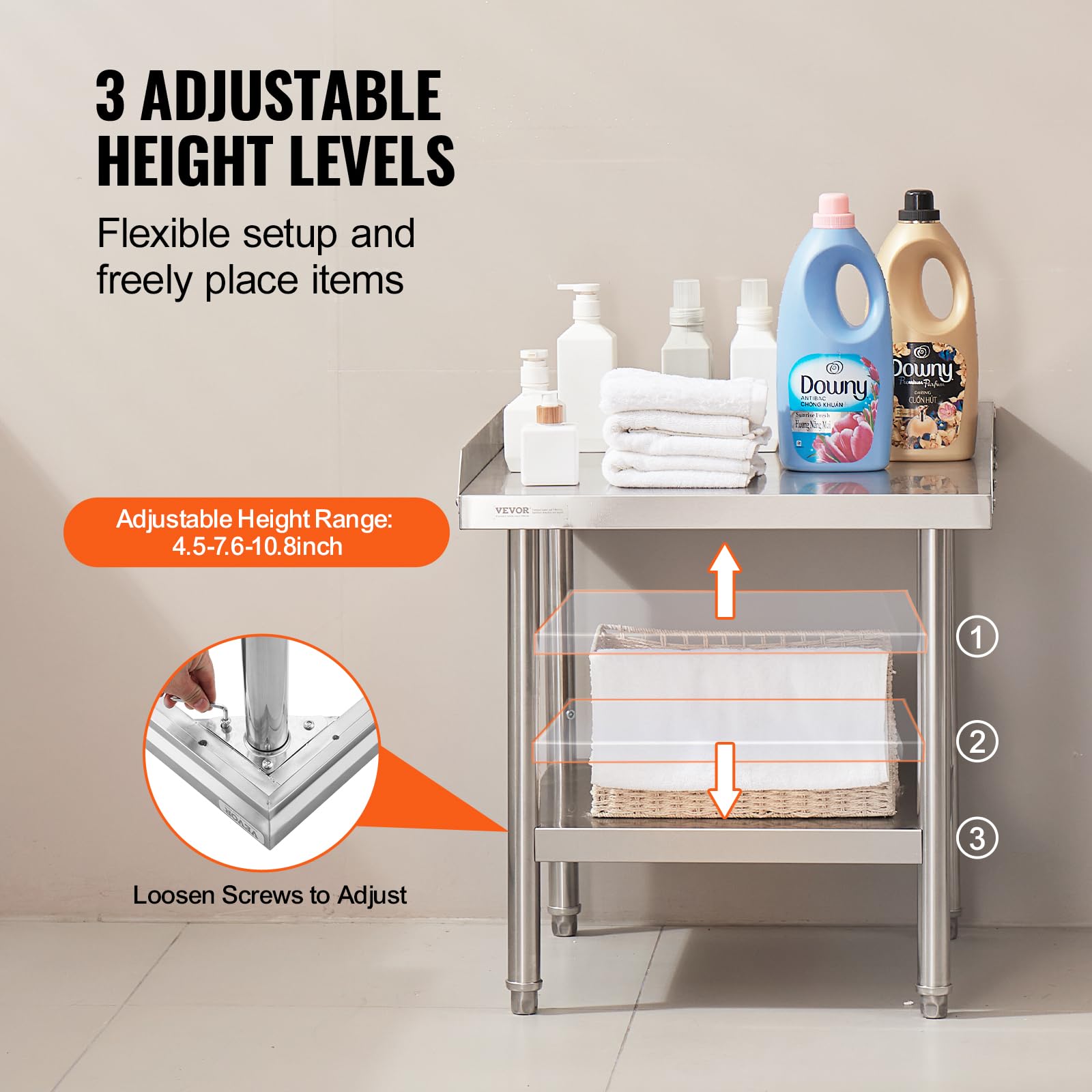 VEVOR Mesa de Trabajo de Acero Inoxidable Mesa de Trabajo Comercial para Preparación de Alimentos Protector contra Salpicaduras de 3 Lados 610 x 610 x 660 mm Altura Ajustable para Restaurantes