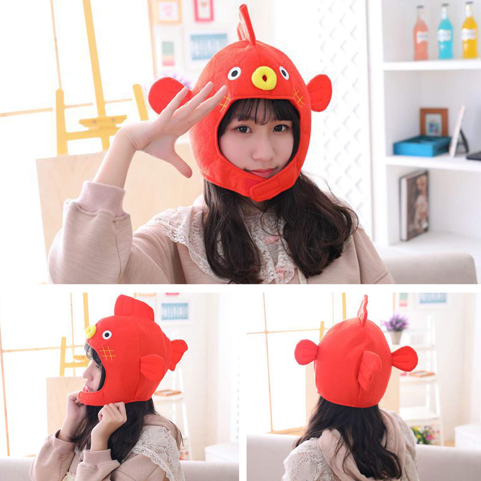 Montesy Halloween Funny Cartoon Puffer Fish Plush Hat Stuffed Toy Headgear Cosplay Props Hooded Hat, Red