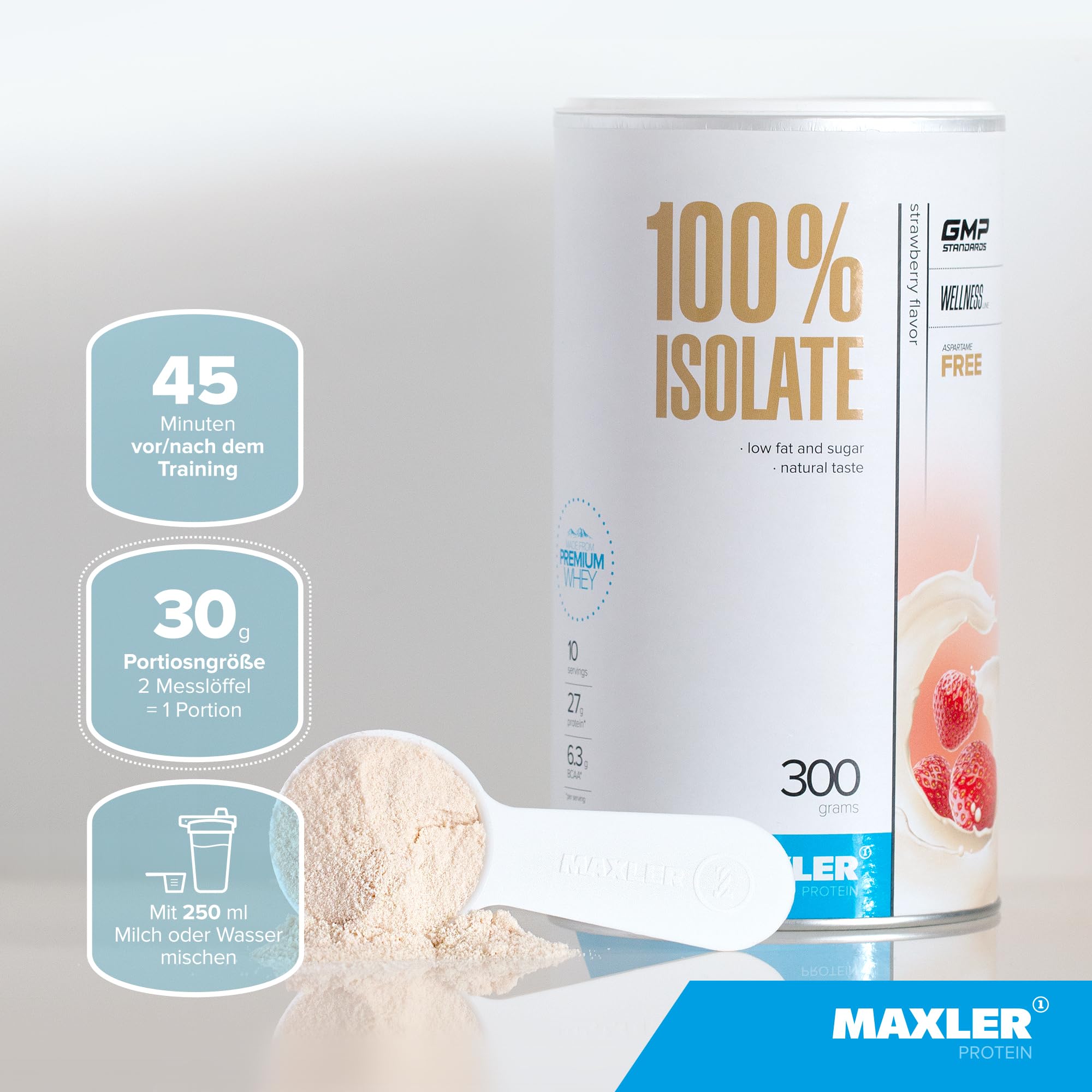 Maxler 100% Isolate Protein Pulver - Natürlich schmeckendes Whey Isolate aus Weidehaltung - Whey Protein Isolate Zuckerarm & ehrlich lecker - Vanille - 300g