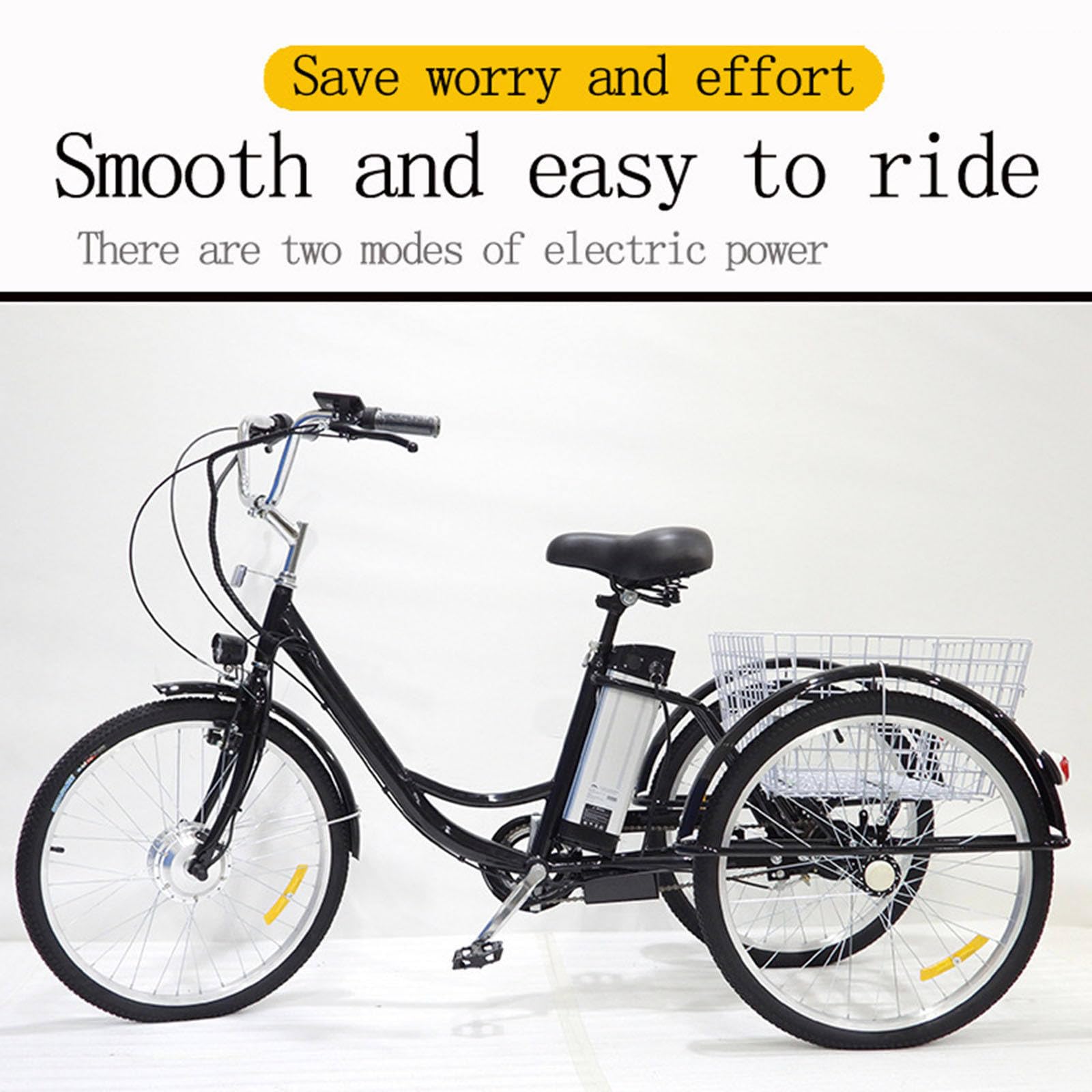Triciclo elettrico per adulti con motore da 350 W, batteria rimovibile, portata massima di 150 kg, cestino e seggiolino per bambini, ideale per shopping e picnic.