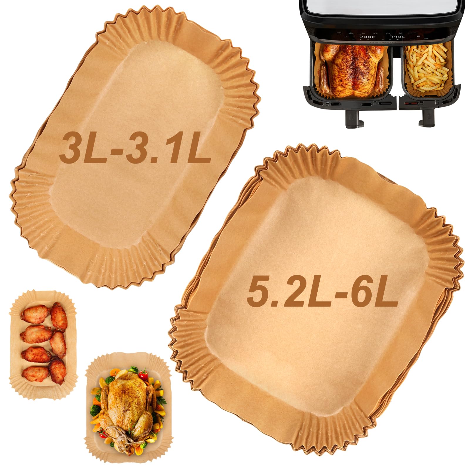 YQL Air Fryer Liners for Tefal Easy Fry 5.2L/3.1L, Philips Dual Basket Air Fryer, Tower T17099 5.2L/3.3L, Salter 5.5L/3.5L,Disposable Air Fryer Accessories for Large & Small 2 Drawer Air Fryer(100Pcs) โ image 1