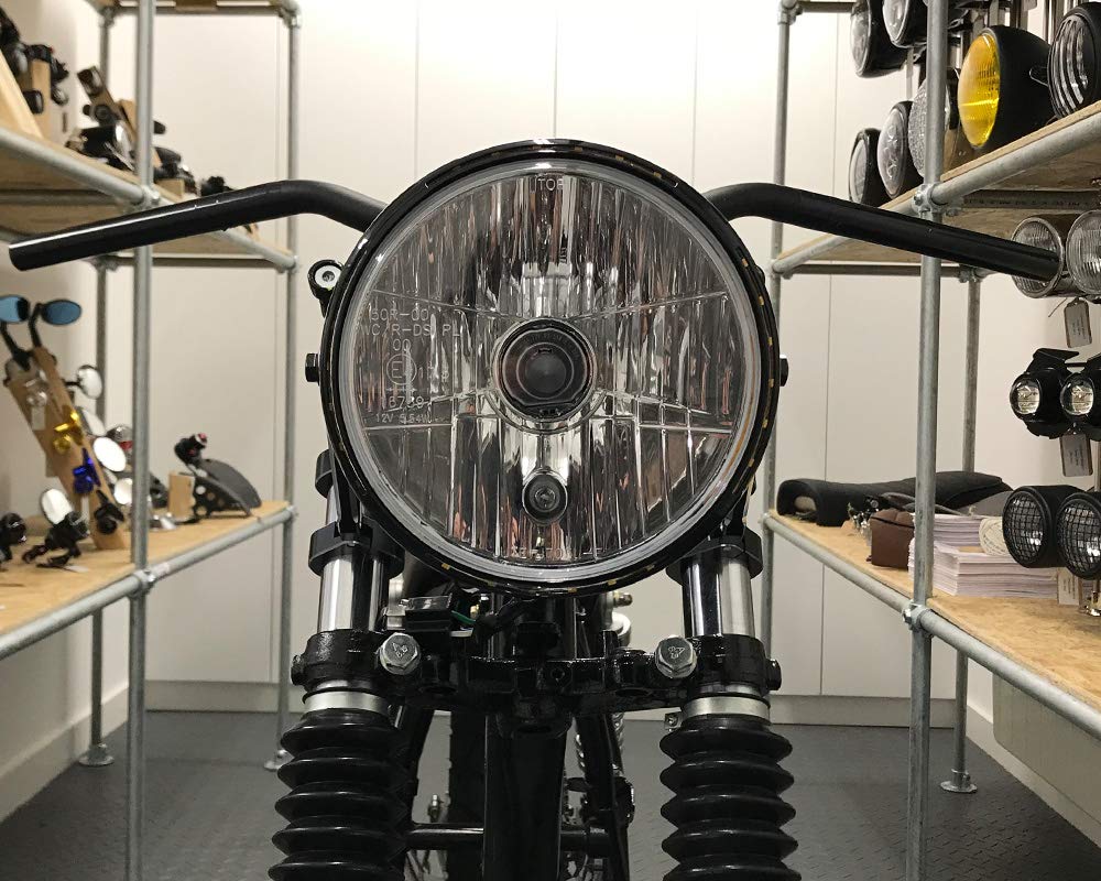 Alchemy Parts Reflektor motocyklowy 19,1 cm z pierścieniem LED Halo Prime do Royal Enfield Continental GT Interceptor 650 Street Café Racer, czarny błyszczący