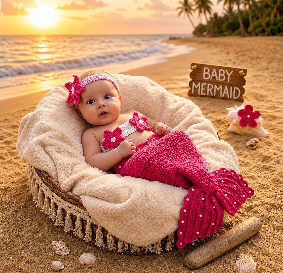 BabyMoon Set of 3 Crochet Mermaid New Born Photography Shoot Props Costume (6-18 Months, Pink)-picture-32