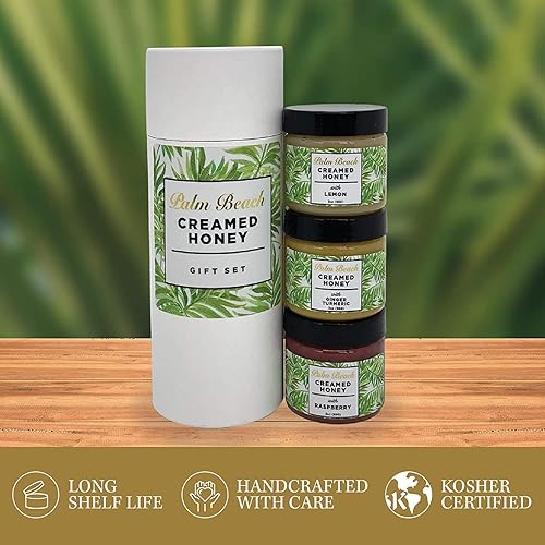 Miniatura 6 de Palm Beach Creamed Honey - Miel de flor silvestre con sabor natural lote pequeño Kosher juego de regalo trío frambuesa limón jengibre