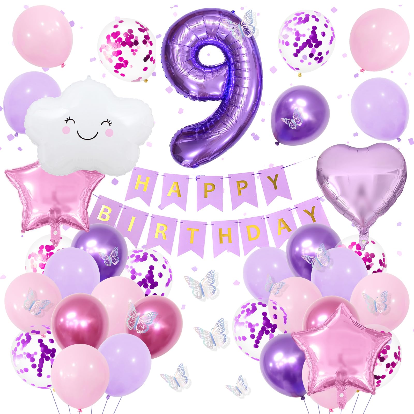 9th Purple Birthday Decorations for Girls, Pink Purple Party Decor with Number 9 Balloon, Butterfly Stickers, White Cloud Balloon, Star & Heart Foil Balloons, Birthday Banner Party Supplies