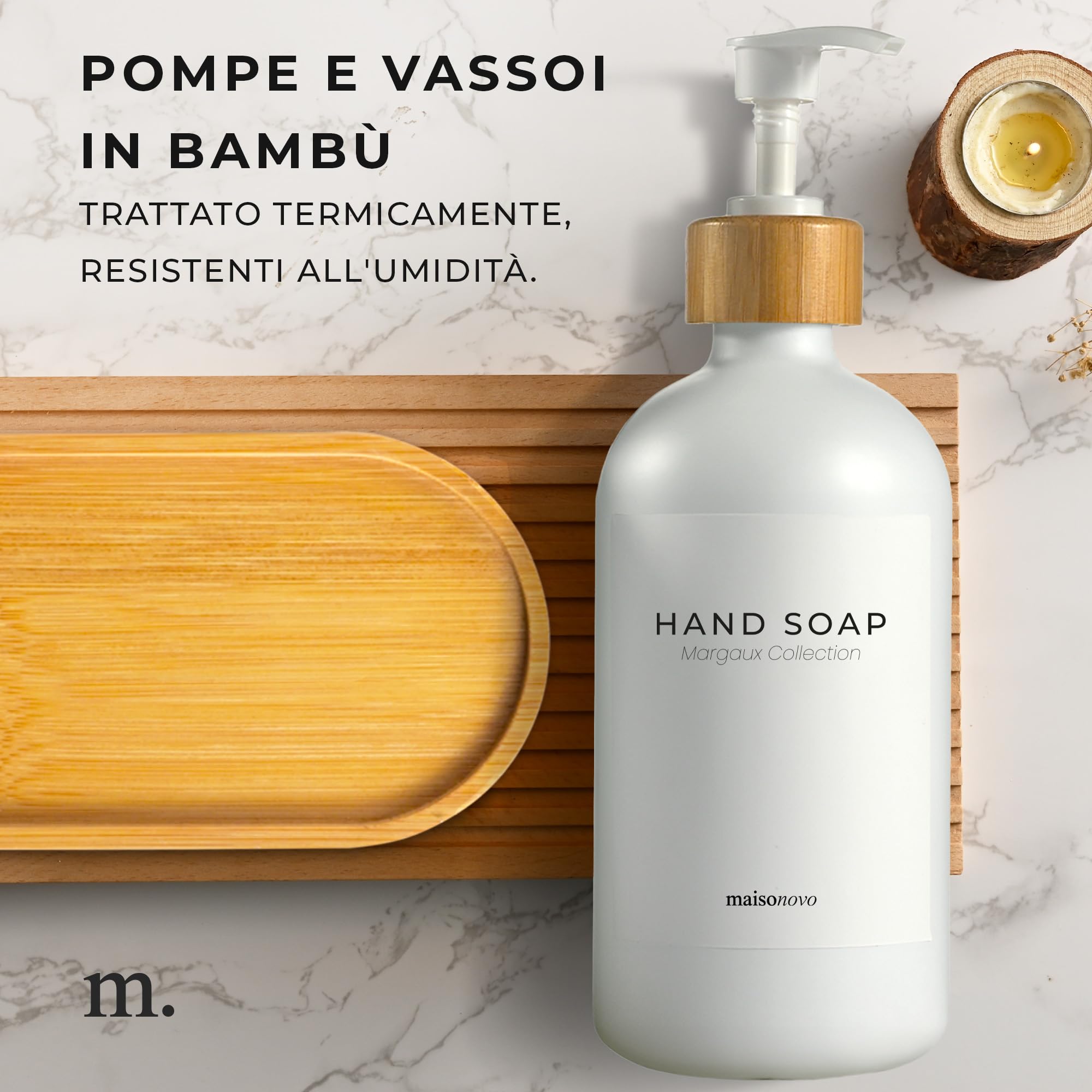 MaisoNovo Dispenser di sapone da bagno Set da 2 pezzi - Dispenser di sapone per le mani da 500 ml - Bottiglie di bambù bianche - Pompa in acciaio inossidabile con vassoio di bambù
