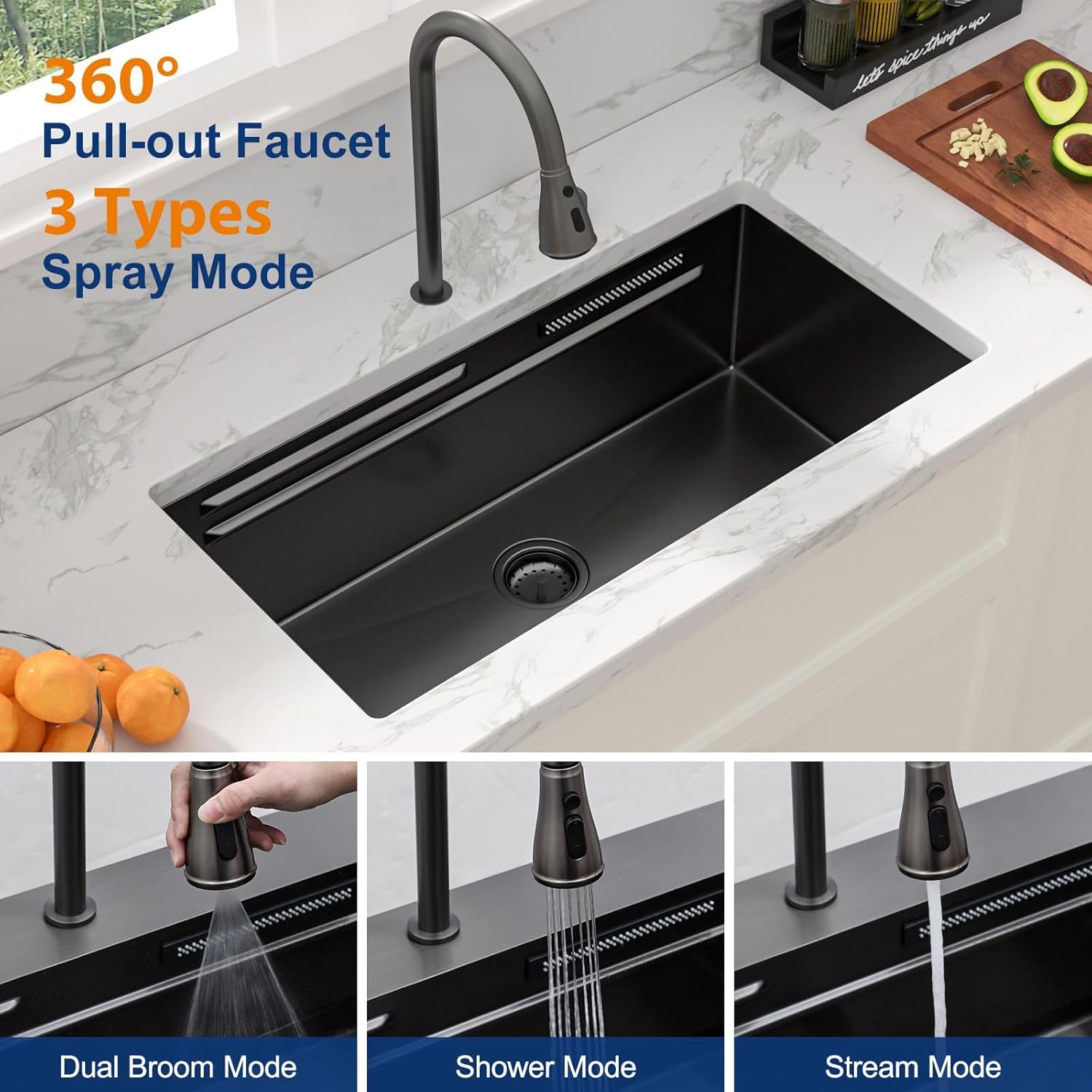 Sarlai 33 Inch Waterfall Kitchen Sink - Black Undermount Kitchen Sink With Waterfall Ledge Workstation Stainless Steel 16 Gauge Multifunction Single Bowl Under Mount Basin with Faucet