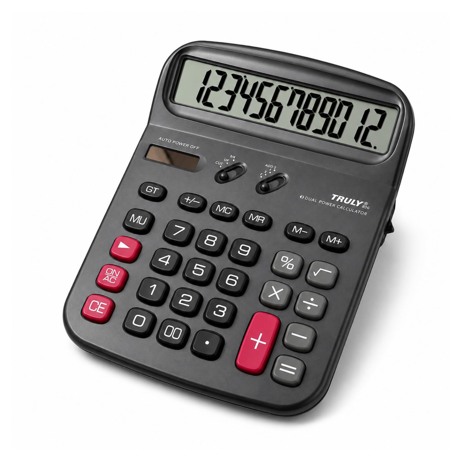 TRULY Calculadora de escritorio de 12 dígitos con pantalla extragrande de 5.3 pulgadas, interruptor de alimentación lateral, teclas GT y MU, alimentación dual, pantalla en ángulo de 30° para oficina y