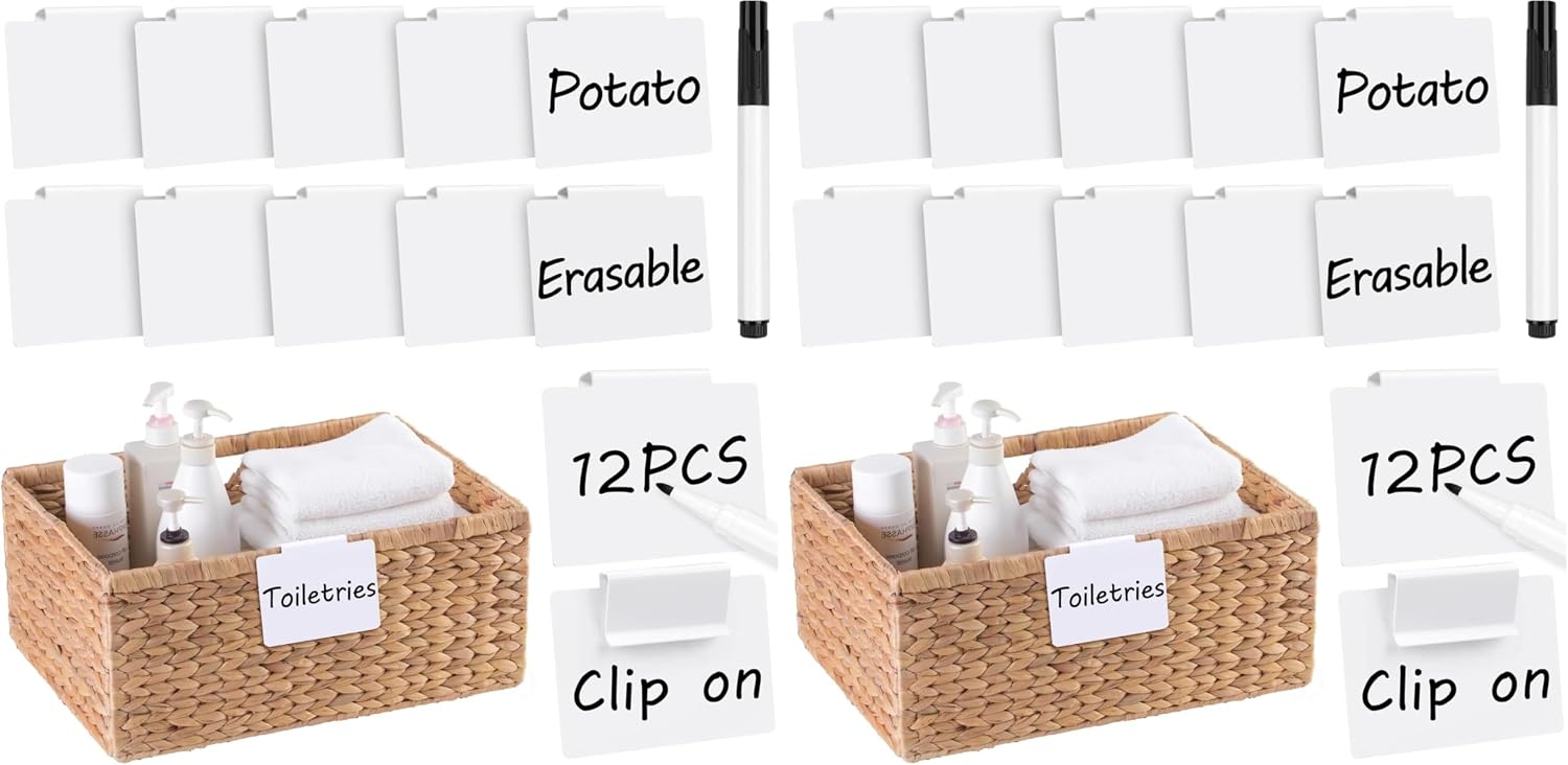 Utron 12pcs White Basket Labels, 3.5x2.7 Clip On PVC Labels with Pen for Storage Bins, Removable Label Holders, Regular (Pack of 2)