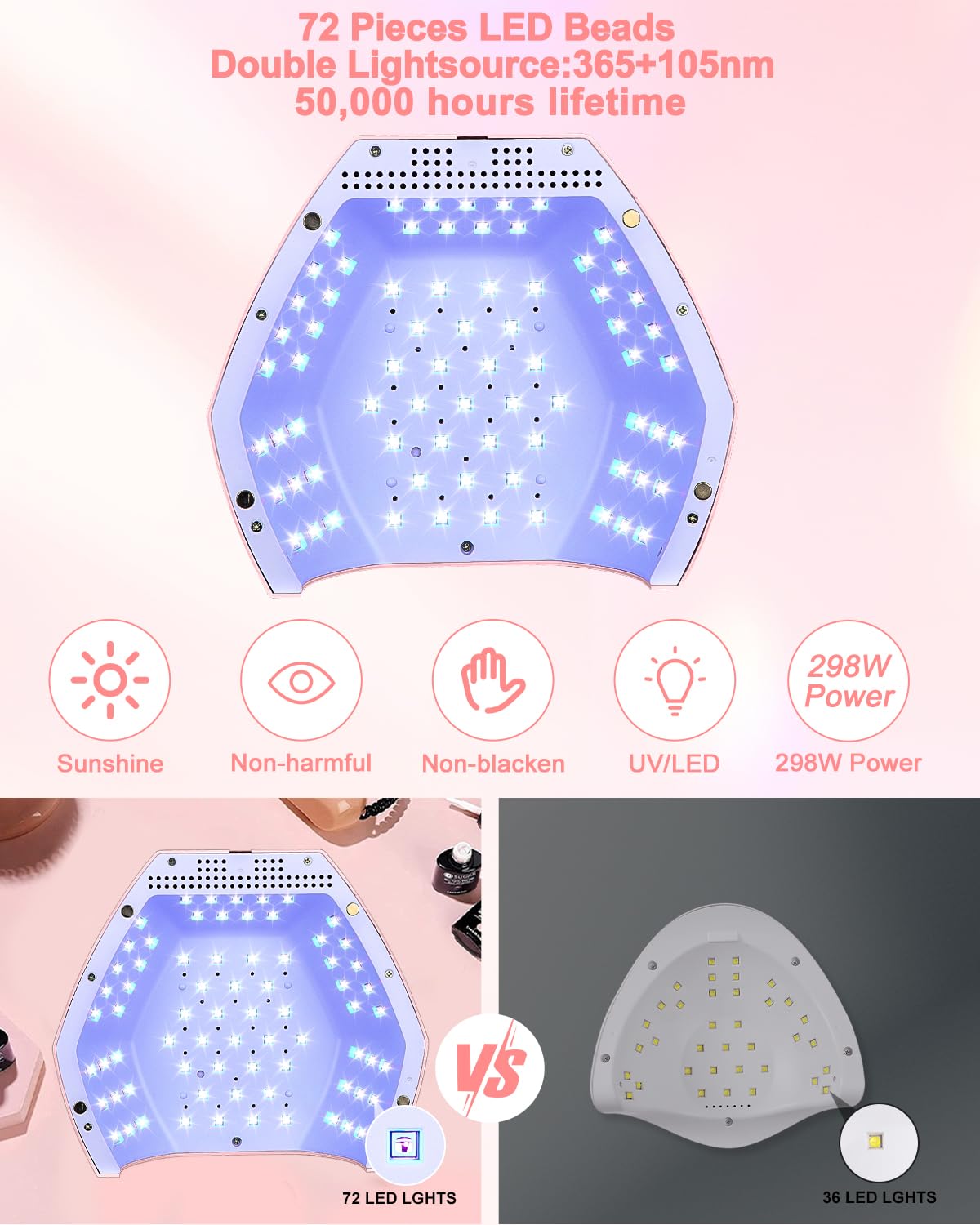 Lampe UV Ongles Gel 298W jutyum, 72 LEDS/Capteur Automatique, Lampe UV Vernis Semi Permanent, Lampe LED Ongle Rose