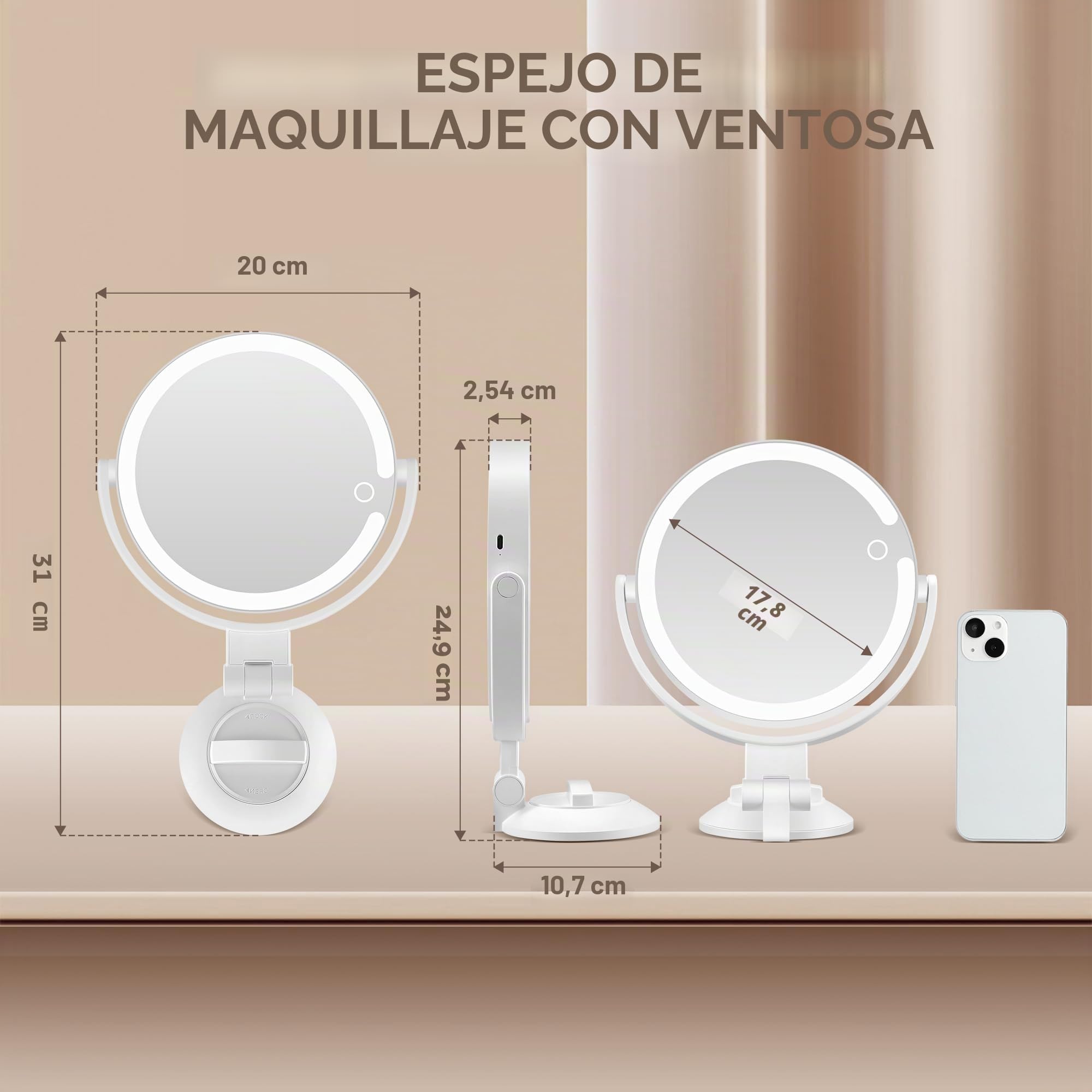 MOMOKUBA espejo giratorio 360° con luz de 30 aumento, 3 modos LED, ventosa recargable para baño