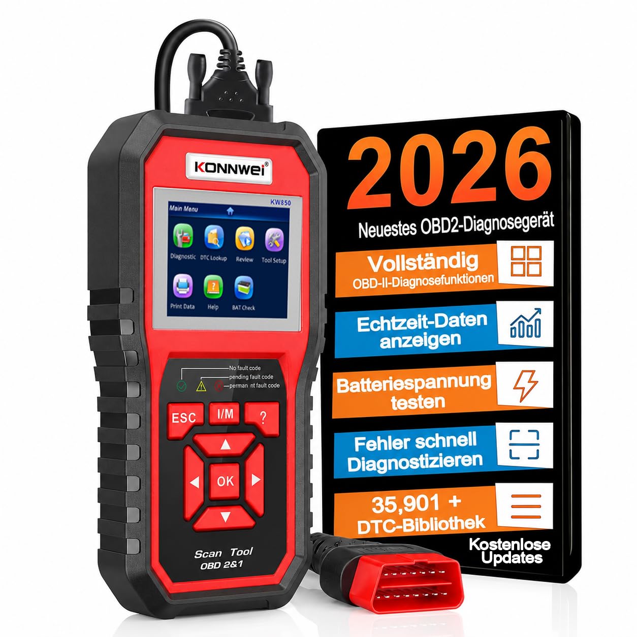 KONNWEI KW850 OBD2 Diagnostic Auto Valise Voiture,OBD Diagnostique Français Auto Multimarque, Lecteur de Code d'erreur de Moteur, Valise Effacer Defaut Voiture pour BMW Peugeot VW Véhicules