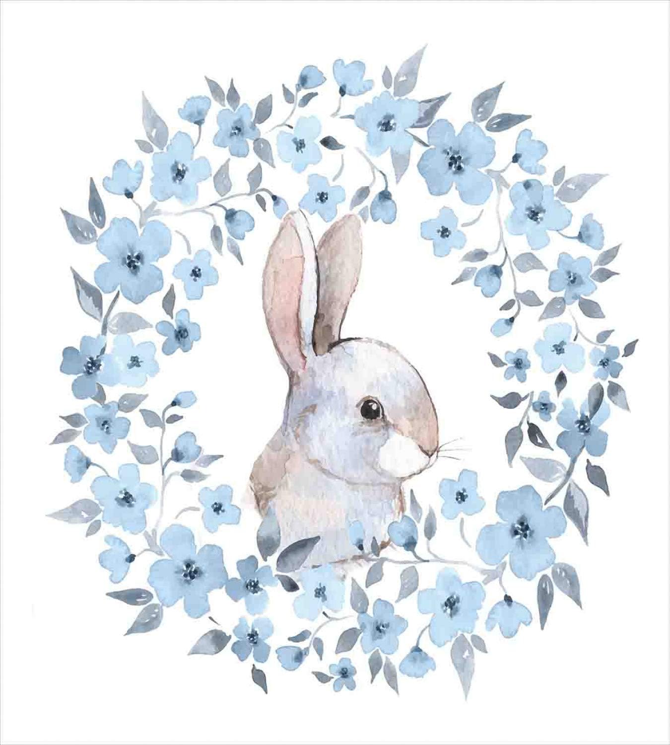 Ambesonne Watercolor Flower Duvet Cover Set, Bunny Rabbit Portrait in Floral Wreath Illustration Country Style, Decorative 3 Piece Bedding Set with 2 Pillow Shams, King Size, Blue Grey White