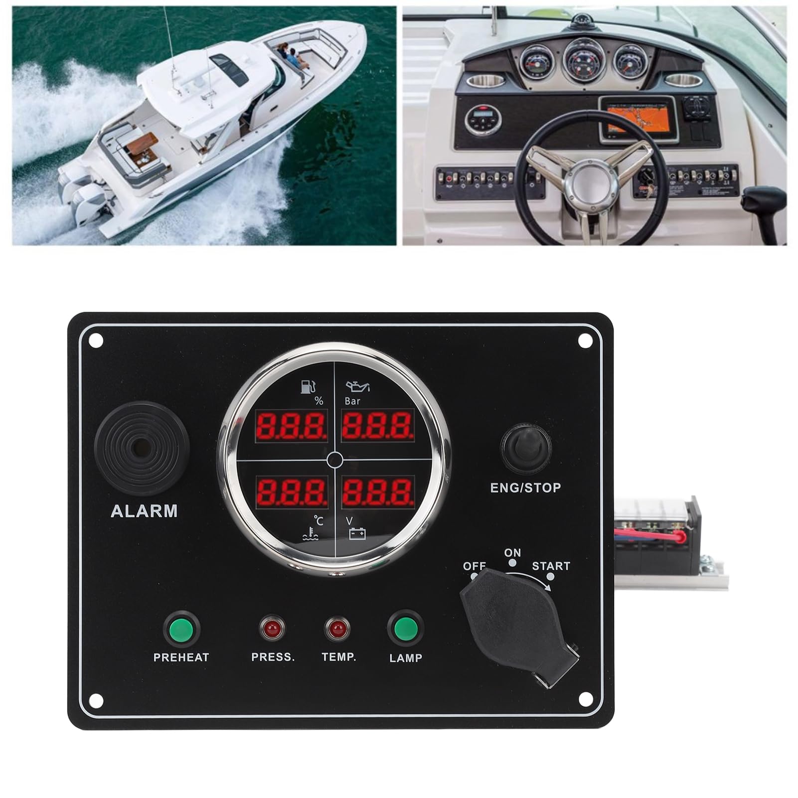 Panel de Medidores para Barcos, Pantalla Digital 4 en 1, Instrumento Marino Multifuncional Duradero para Yates y Lanchas Rápidas, 12V, Metal y Plástico (Negro)