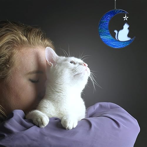 Miniatura 5 de HXFRTYU Regalos conmemorativos para gatos, colgantes de vitrales de gato en luna, decoración de Halloween para gatos, regalos para amantes de los