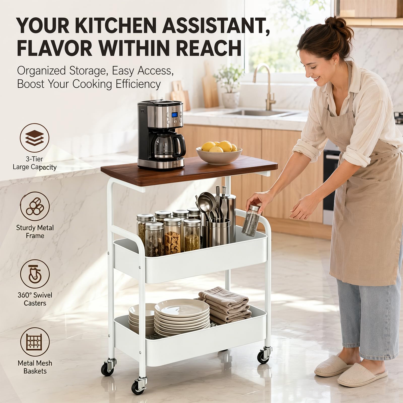 Carro de metal con ruedas de 3 niveles con placa de madera y tablero, carrito de cocina con ruedas y freno, estable para cocina, oficina, baño, para manualidades, color negro, ahorra espacio