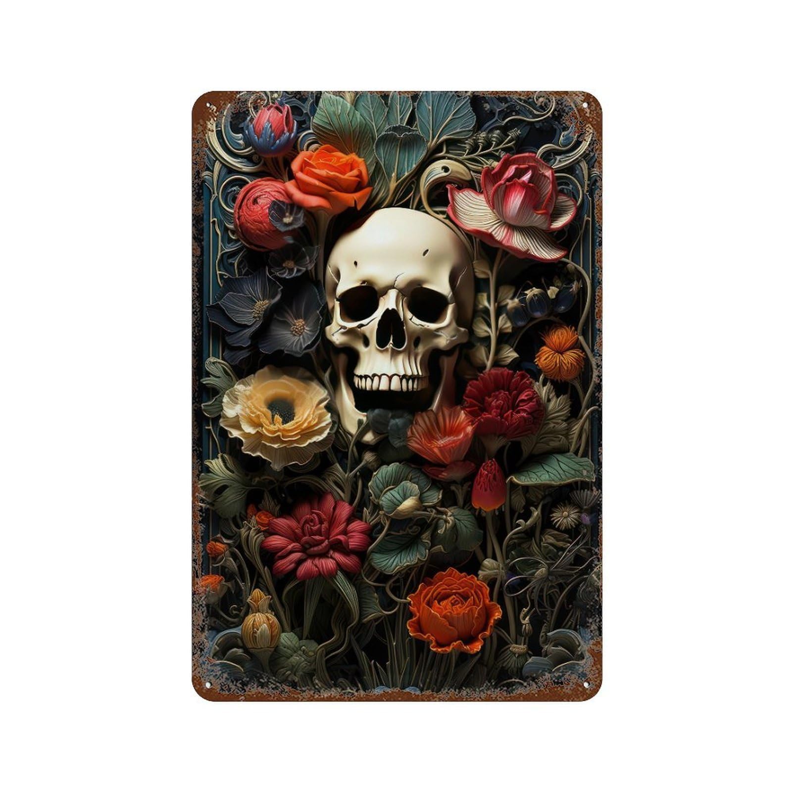 Skull & Flowers Artwork Vintage Rust Metal Sign 11.8"x7.9", Ideal for Bistro, Counter And Cafe Decor