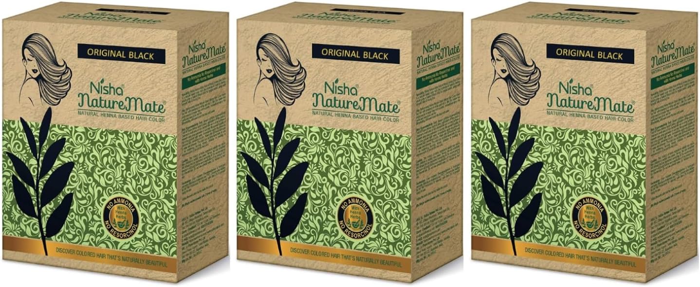 Nature Mate Henna based hair Color No ammonia 100% herbal protection and long-lasting strong shine hair (Pack of 3, Natural Black)