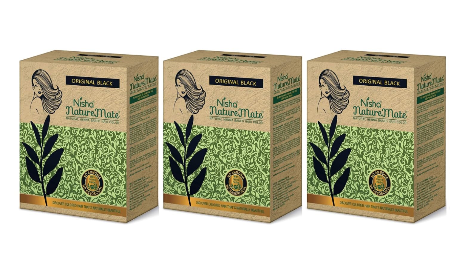 Nature Mate Henna based hair Color No ammonia 100% herbal protection and long-lasting strong shine hair, 180 G (60g X 3 Pack, Natural Black)