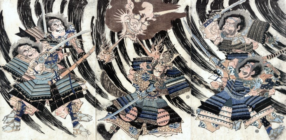 Minamoto No Yorimitsu N(944-1021) Known As Minamoto No Raiko Japanese Warrior Three Panels Showing Raiko Fighting Shutendoji The Oe Mountain Demon With The Help Of Four Hand-Picked Warriors Japanese W