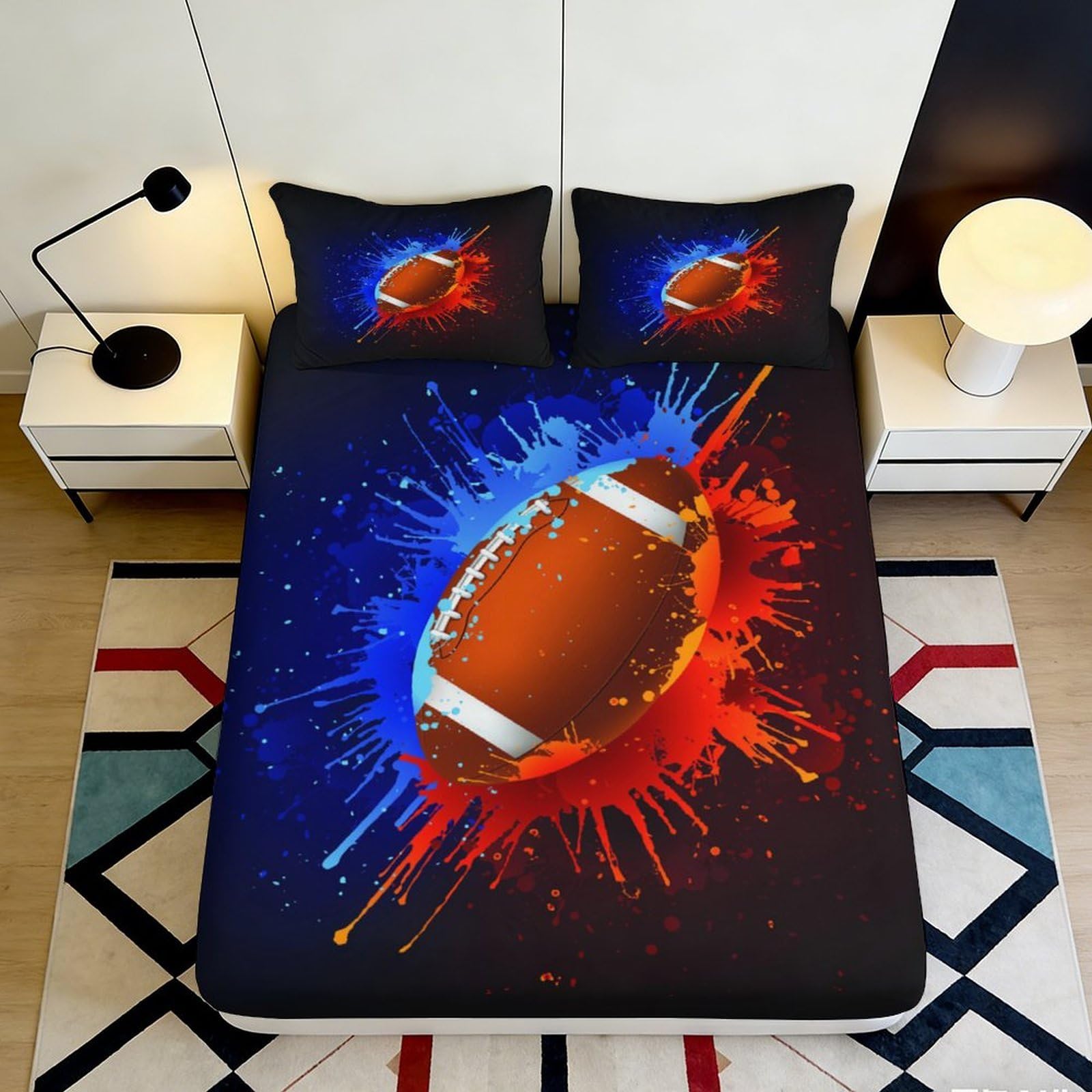 3D Printed American Football Splash Fitted Sheet Microfiber Soft Mattress Cover for Bedroom Dorm Room Decor 90x200x25cm