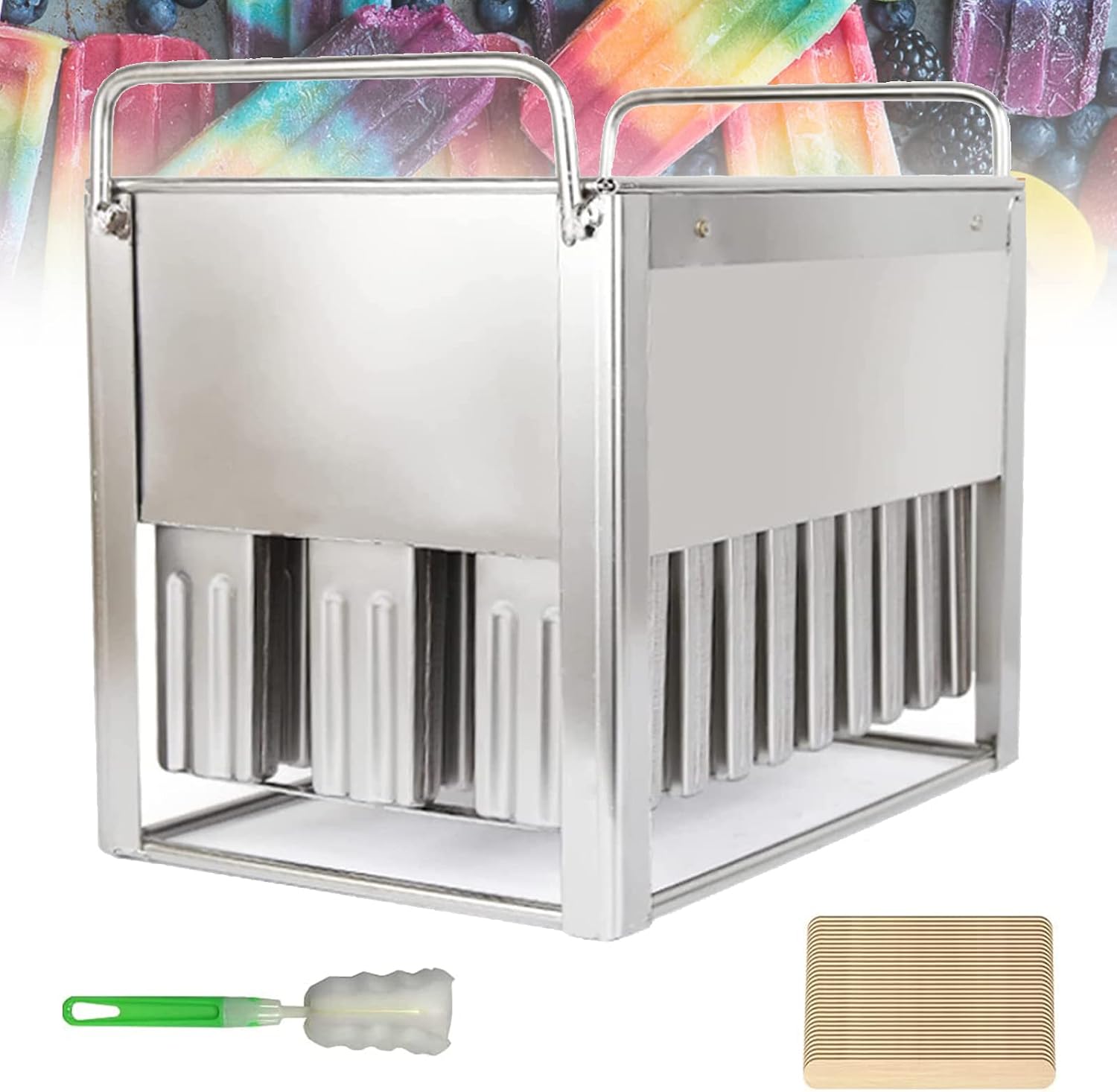 30PCS Commercial Ice Pop Molds, Stainless Steel Popsicle Models, Ice Cream Stick Holder Ice Lolly Popsicle Molds Kit Popsicle Molds Ice Pop Makers Home DIY W/Cleaning Brush 100 Bamboo Sticks,B