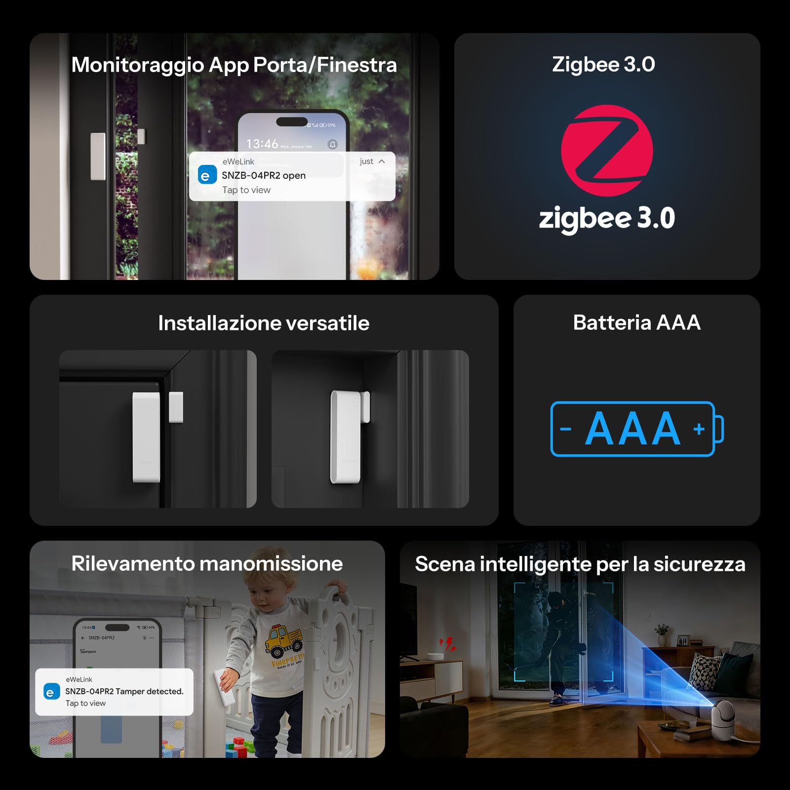 SONOFF SenseGuard DW Gen2 Zigbee Sensore per porta, monitoraggio apertura/chiusura, allarme per porte e finestre per la sicurezza domestica, allarme telefono, avviso di manomissione, domotica
