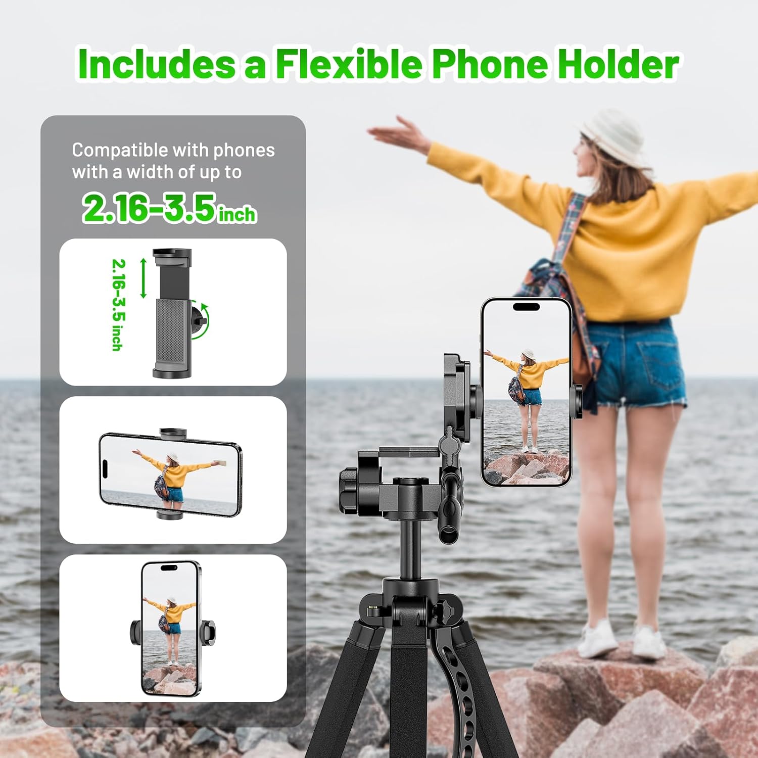 Huepar Professional Laser Level Tripod, 68 Inch Adjustable Lazer Leveler Stand, Suit for Heavy Duty Lasers Levels, Point Laser, Distance Measure - Phone Holder, 1/4" & 5/8" Thread Mount, Non-Slip Feet