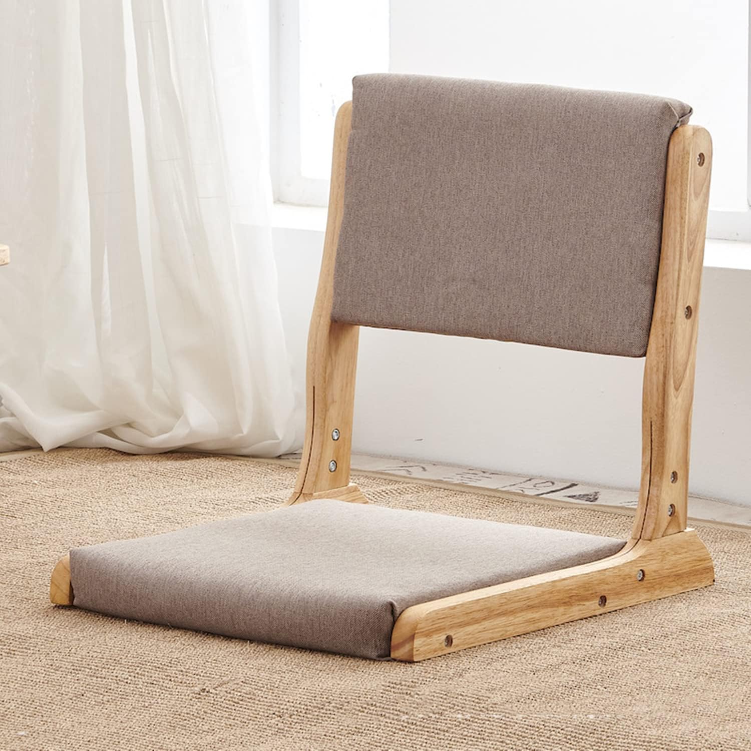 huyear Wood Folding Floor Chair with Back Support Japanese Style Legless Tatami Chair Portable Single Chair Seat with Cushion for Balcony Living Room Bedroom Chair