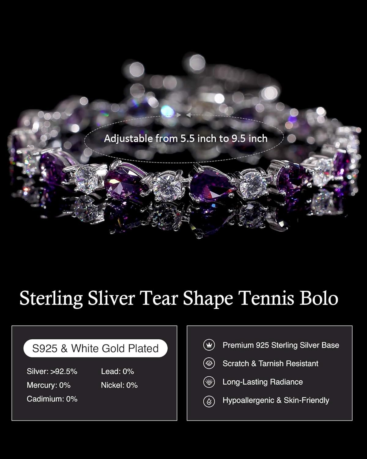 FANCIME Shine of Tears Birthstone Tennis bolo Bracelets Sterling Silver Tennis Bracelets Charm Fine Jewelry Birthday Gifts for Women Mom - Image 2