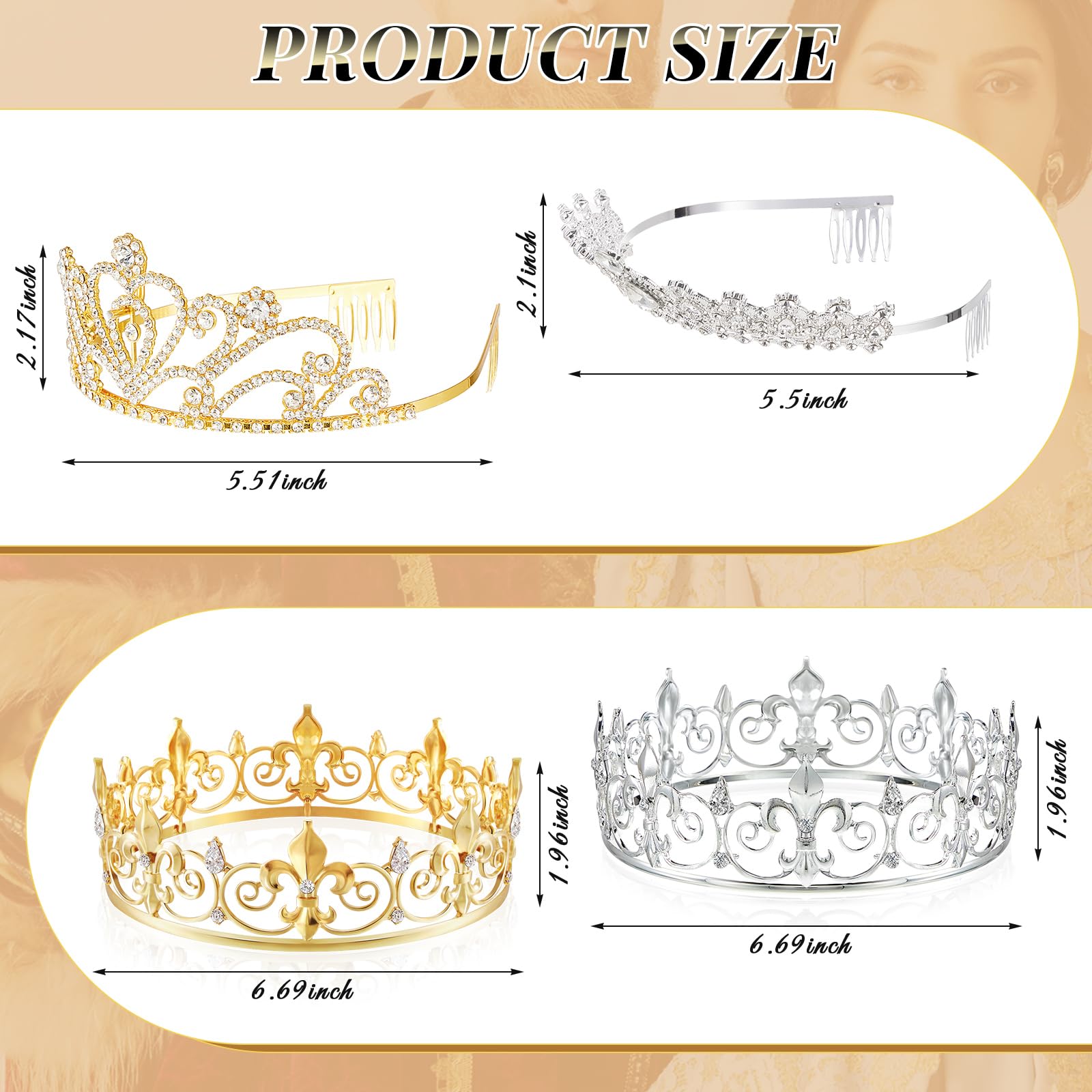 Sasylvia 8 Pcs Proms King and Queen Crown Set for Men Women Metal Rhinestone Crowns and Tiaras Crystal Headband for Weddings Bridal Cosplay Party Accessories, Silver Gold