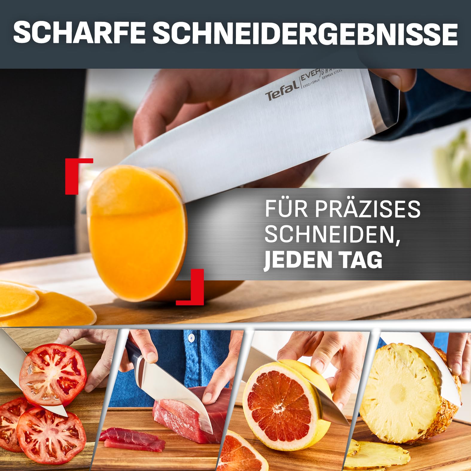 Tefal EverSharp Pro 6-teiliger Messerblock, patentierte Schärftechnologie, selbstschärfend, Verriegelungssystem, deutscher rostfreier Edelstahl, für Gemüse, Fleisch & Brot, Blau, K297S744