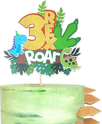 Rsstarxi 1 paquete de decoración para tartas de dinosaurio de tercer cumpleaños con hojas de garra, número 3, tres rex, para decoración de tartas