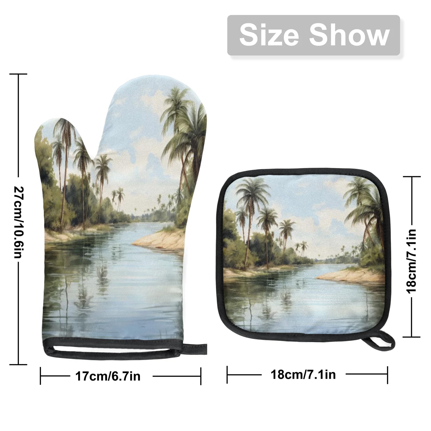 Lake Coconut Trees Landscape Oven Mitts Kitchen Oven Gloves for Cooking Baking Heat Proof Lining Cotton Kitchen Potholder Mittens Pot Holders Hot Pads for Chef Women Men