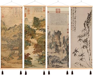 Chinese Traditional Landscape Wall Scroll Art Print Set of 4 - Vintage Plum, Orchid, Bamboo & Chrysanthemum Paintings on Premium Canvas, Oak Wood Frame Hanging Decor for Bedroom, Living Room, Office - Ancient Style Home Decoration & Artistic Gift Idea (landscape, 16”x45”x4piece) (A)