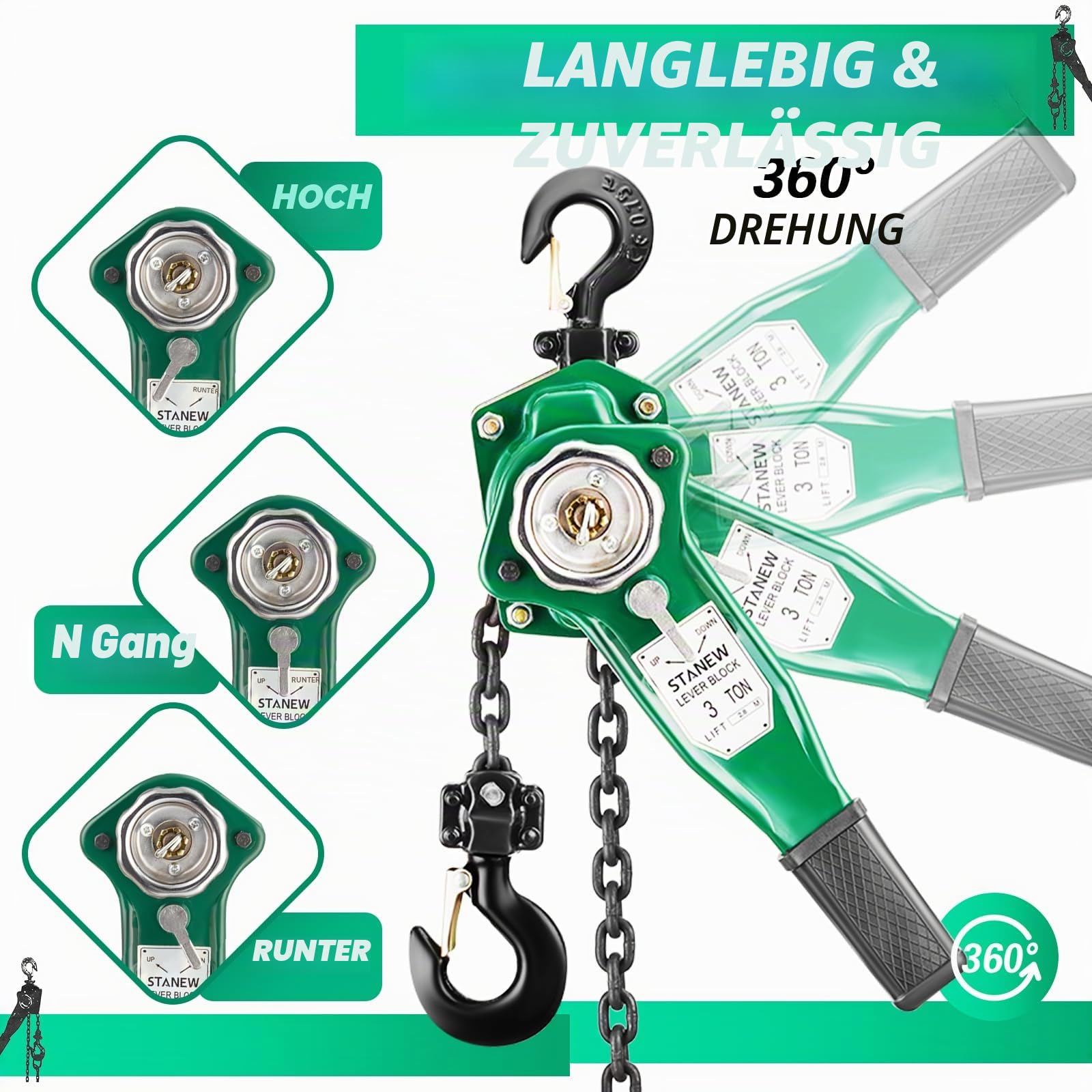 STANEW Hebelzug Kettenzug 3t, Hubhöhe bis 2,8m, Kette aus robustem Carbonstahl G80, mit 360° drehbarer Haken