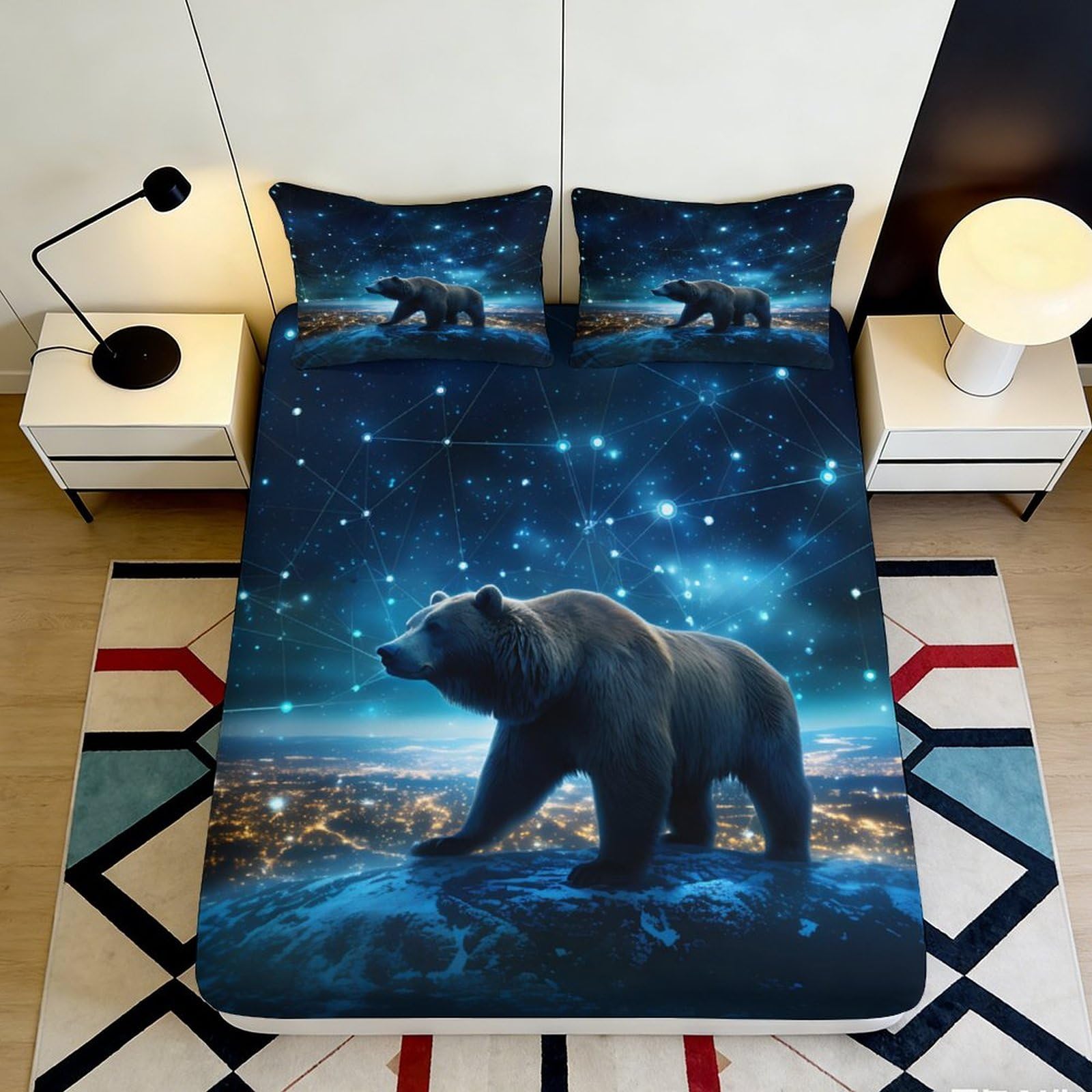 3D Printed Galaxy Starry Sky Fitted Sheet Microfiber Bear Cosmic Nebula Mattress Cover for Bedroom Dorm Decor 90x200x25cm