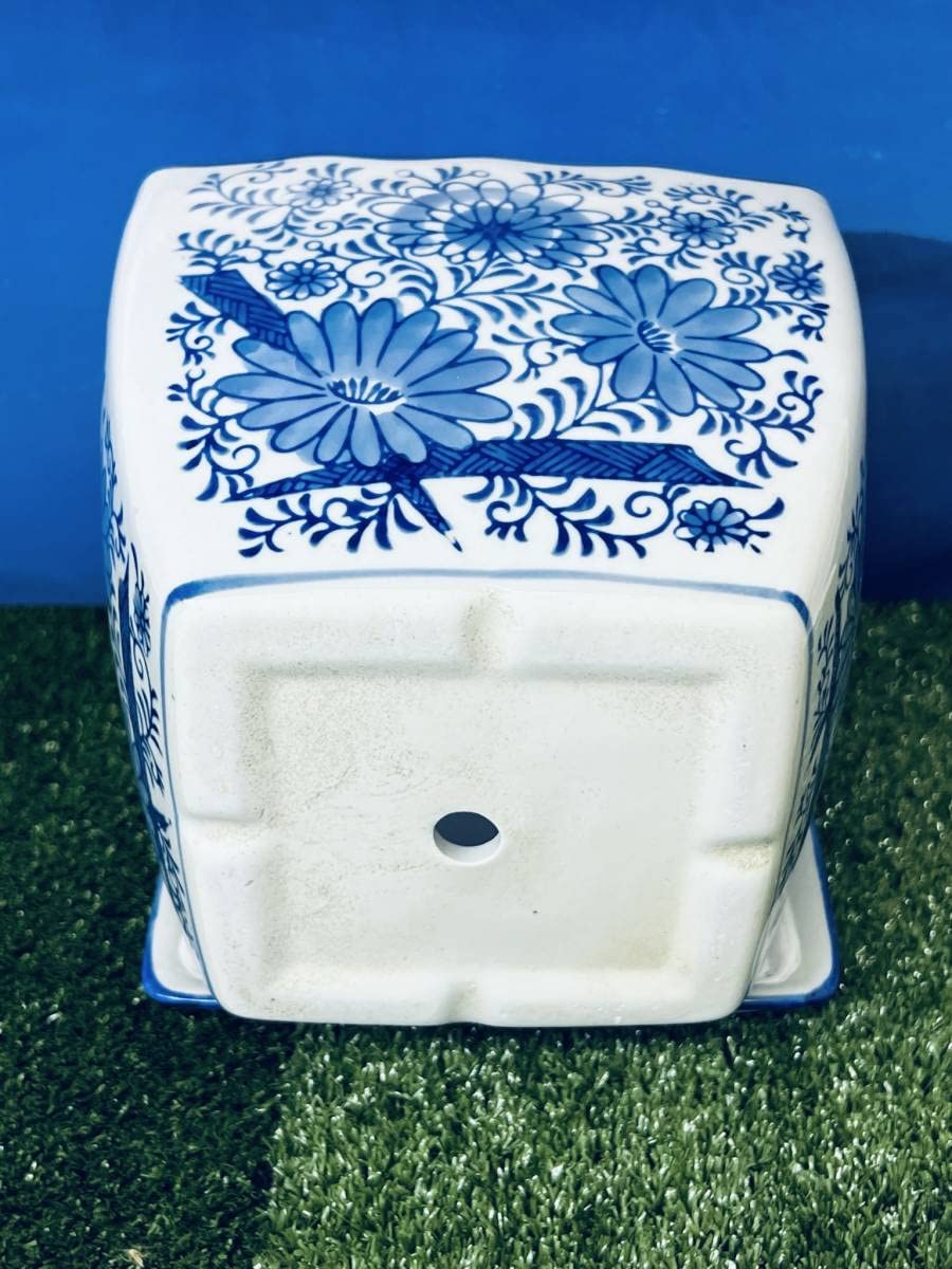 Amazon.co.jp: 龍馬染付陶器の植木鉢 正方 大中小三点セット 皿付き