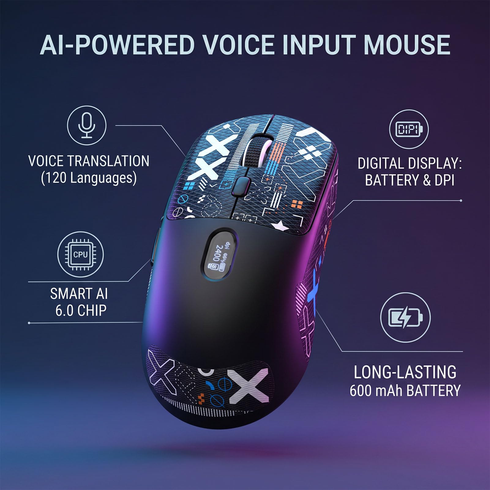 Denash Ratón de Voz AI, Bluetooth Inalámbrico de 3 Modos 2.4G con Cable