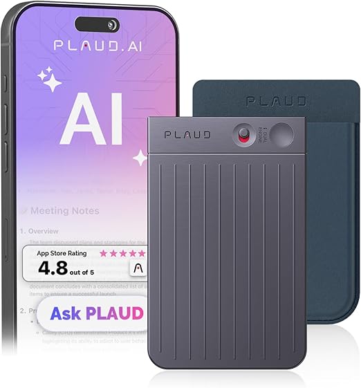 AI Voice Recorder, PLAUD Note AI Note Taking Device, Transcribe & Summarize, Support 112 Languages, 64GB Black Digital Audio Recorder for Lectures, Meetings, Calls, with Magnetic Dark Blue Case