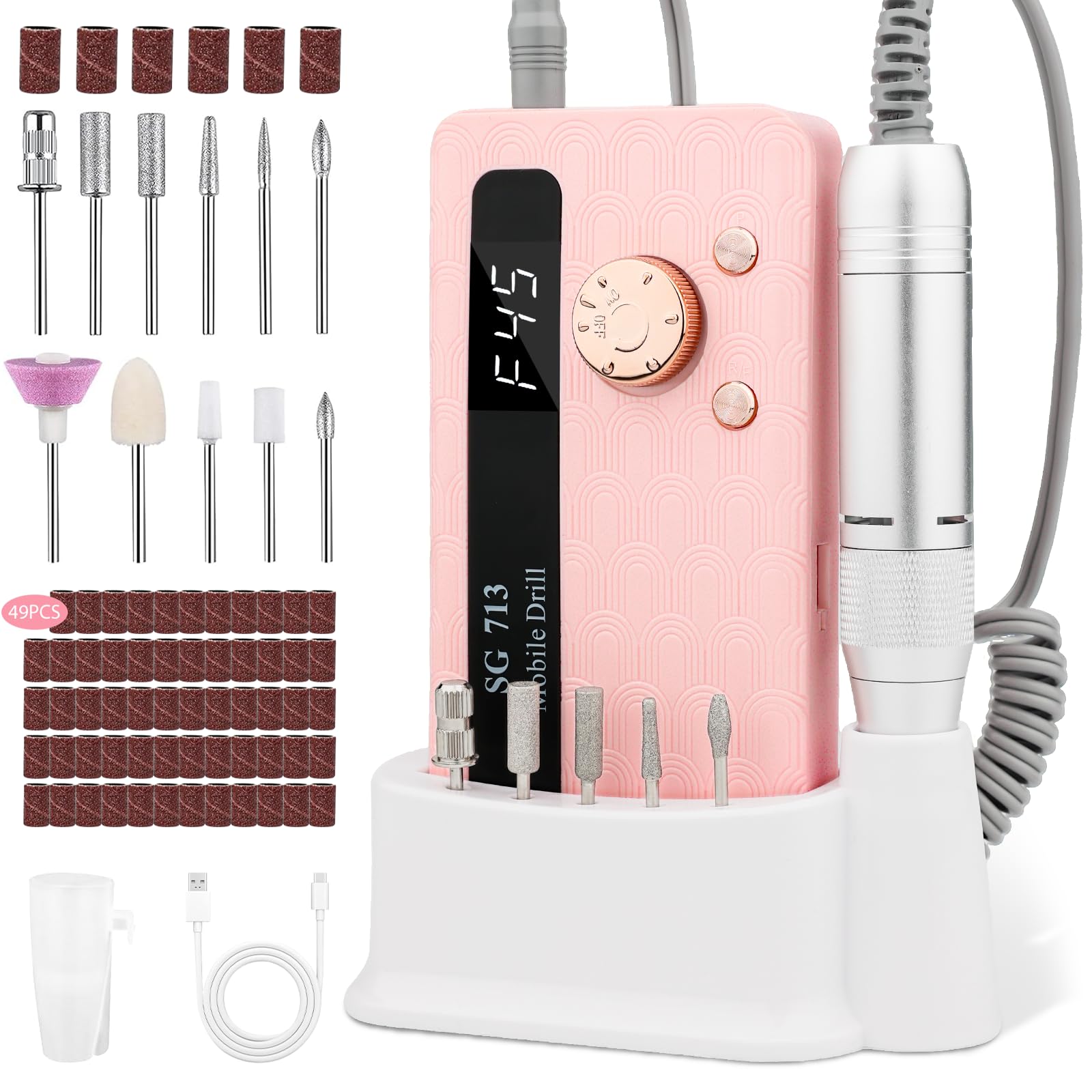 Ziweo Nagelfräser, Elektrische Nagelfeile 45000U/Min mit LED Display, Tragbare Nagelfräser für Gelnägel Wiederaufladbare Maniküre Set für Nagelhaut Shellac Acrylgel