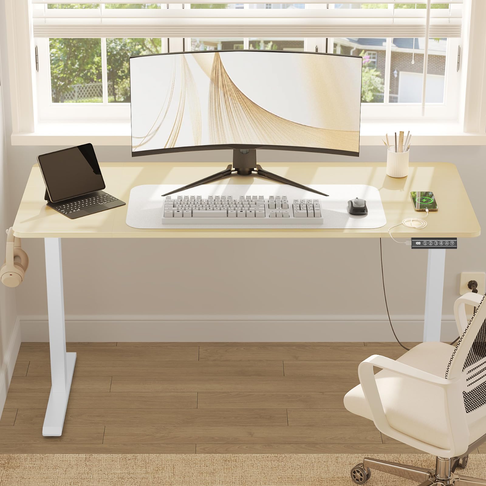 WOLTU 140x60cm Escritorio Elevable Eléctrico, Mesa Escritorio Elevable en Altura con Puertos de Carga USB, 4 Función de Memoria y Proteccion Anticolision, Roble, TS194rh03