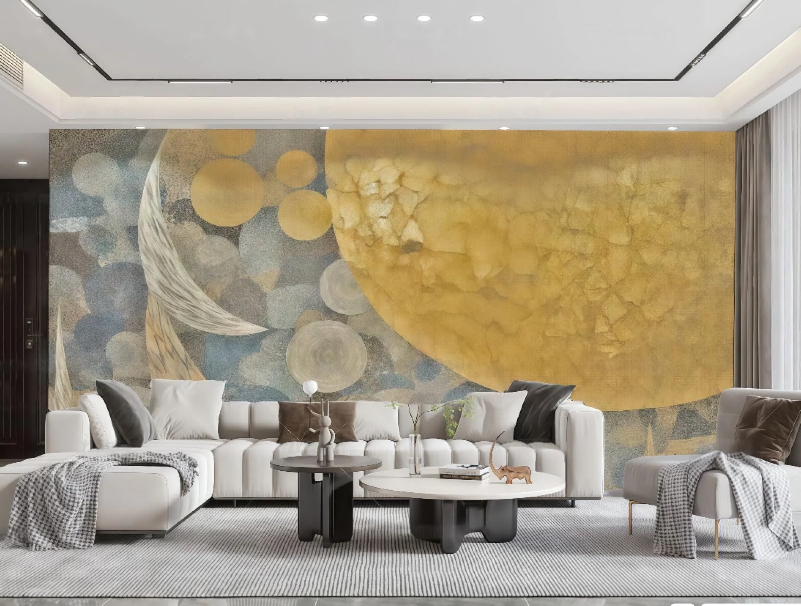 Papier peint salon paysage lune doré pour mur canapé et restaurant 3D