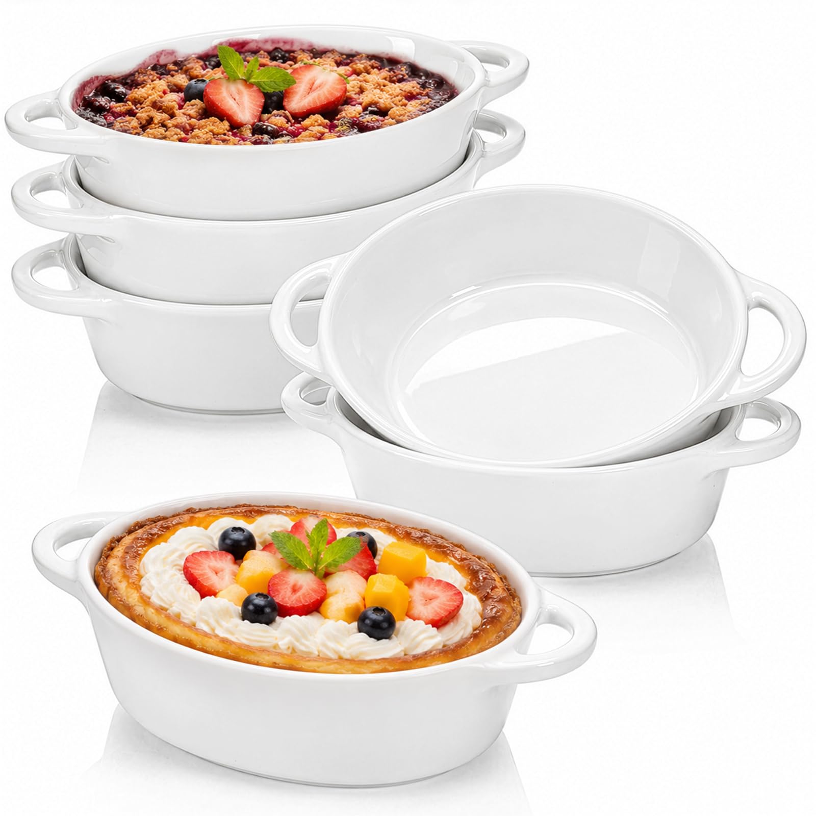 Foraineam 6-Pack Porcelain Ramekins, 10 Ounce Oval Ceramic Creme Brulee Souffle Baking Ramekin Dishes Bowl with Double Handles