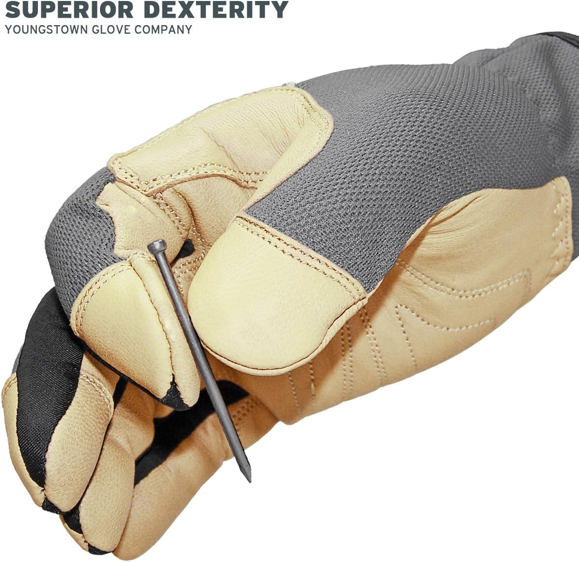 Youngstown Glove Hybrid Plus Leather Palm Heavy Duty Work Gloves For Men - Washable, Durable, Form-Fit - Gray